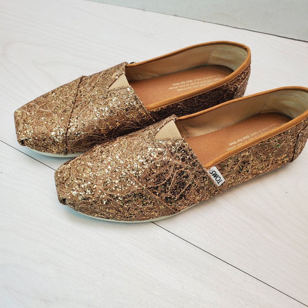 TOMS Womens Rose Gold Sequin Lace Alpargata Slip On Flats Shoes W6.5 Glitzy Chic